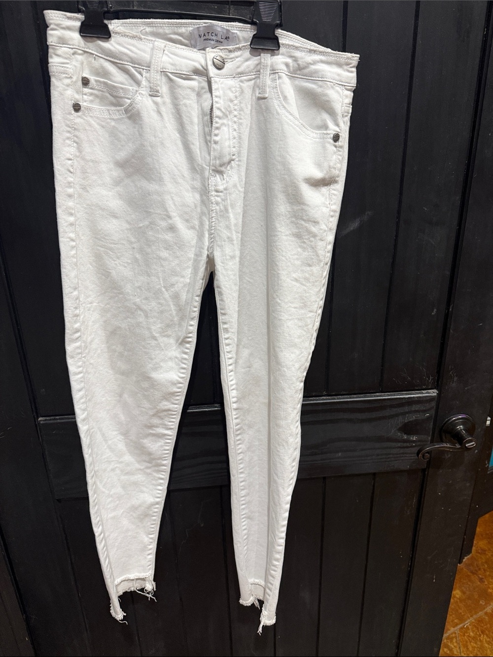 Women's White Skinny Jeans with Raw Hem - Stretch Denim